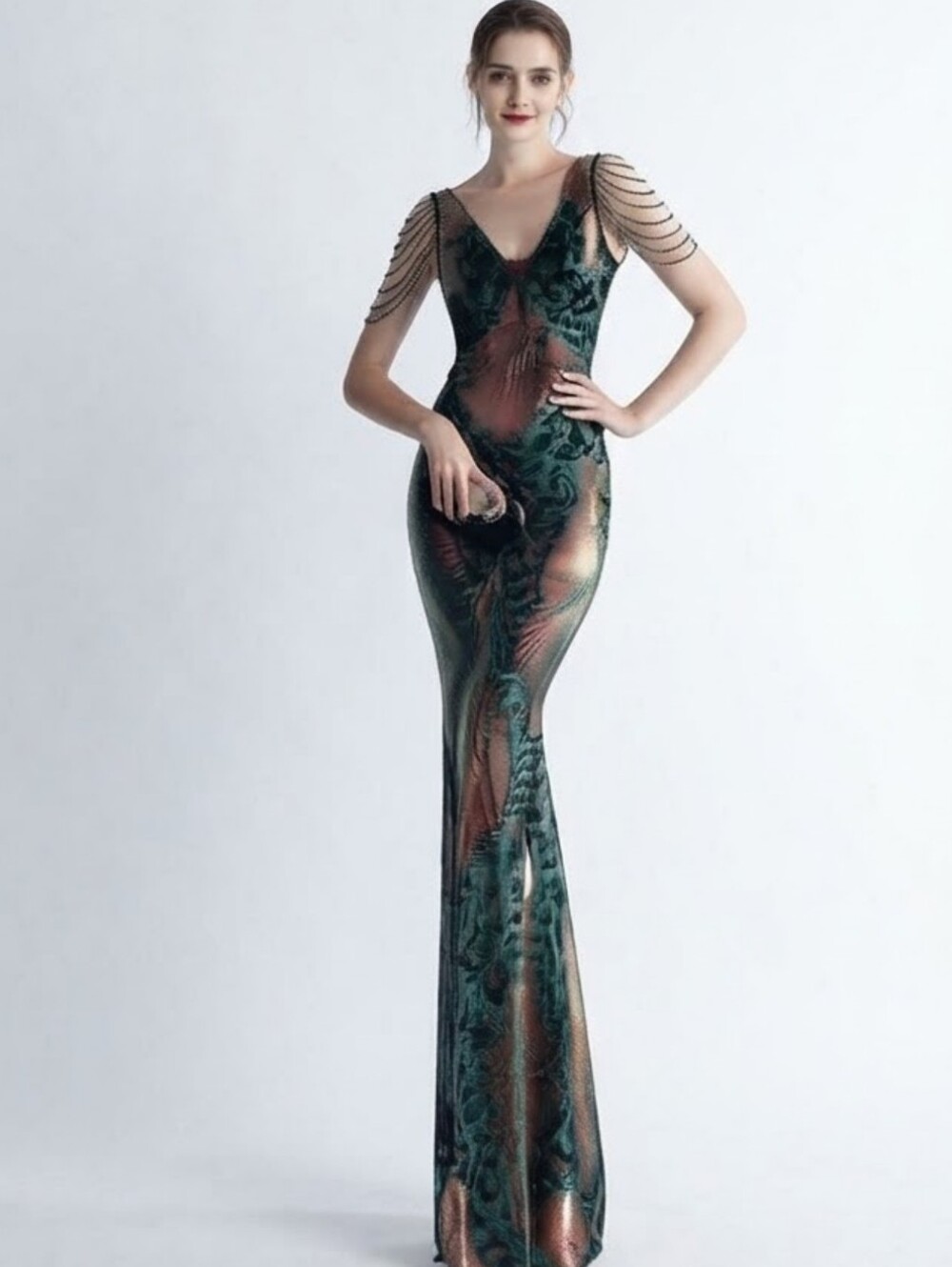 Green,  Floral Print,  Sleeveless,  V Neck,  Round Back,  Beaded,  Sequi…